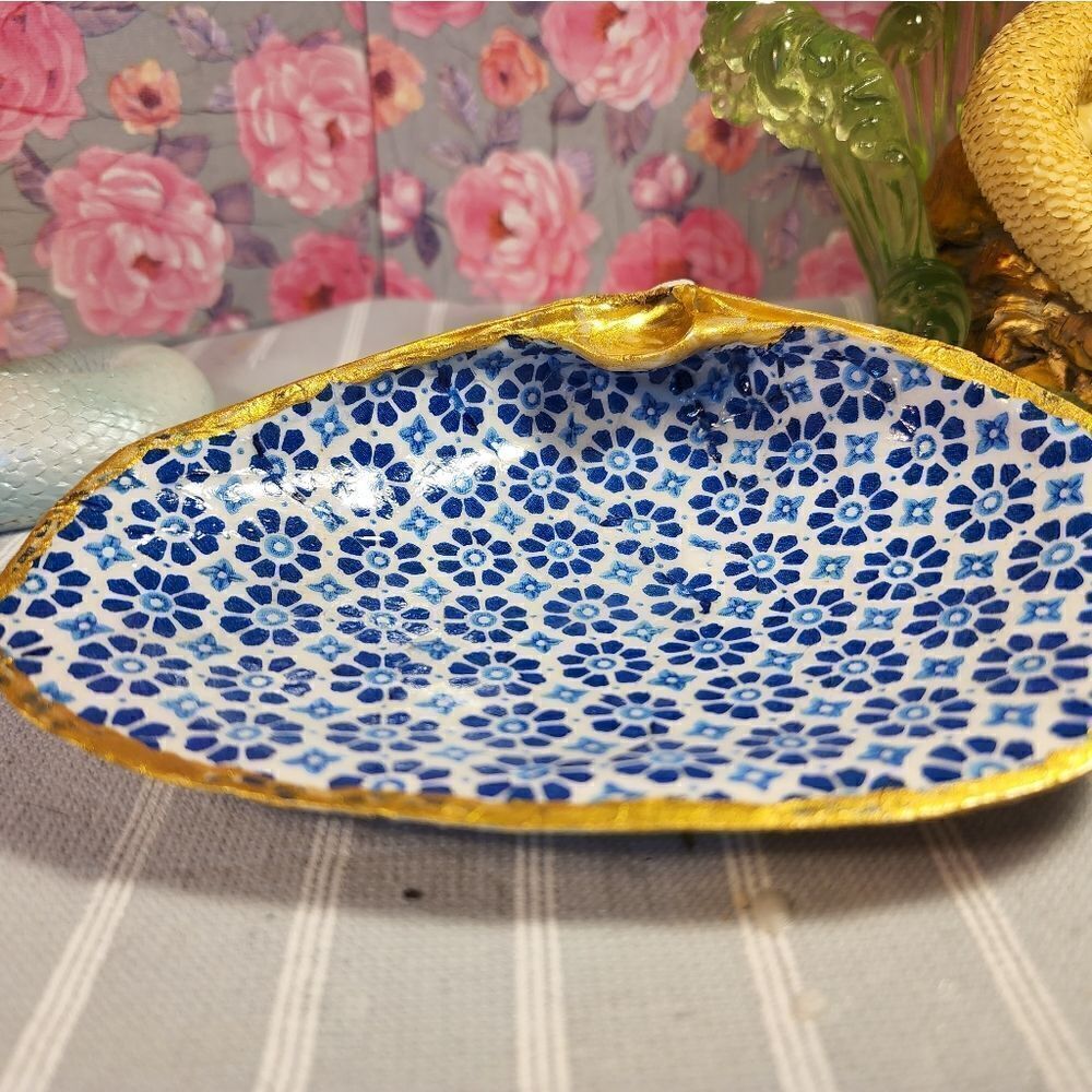DECOUPAGE CLAM SHELL DECOUPAGE BLUE DESIGN TRINKET DISH - Picture 6 of 13